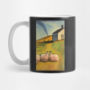 Colourful oil painting of a farm with sheep Mug